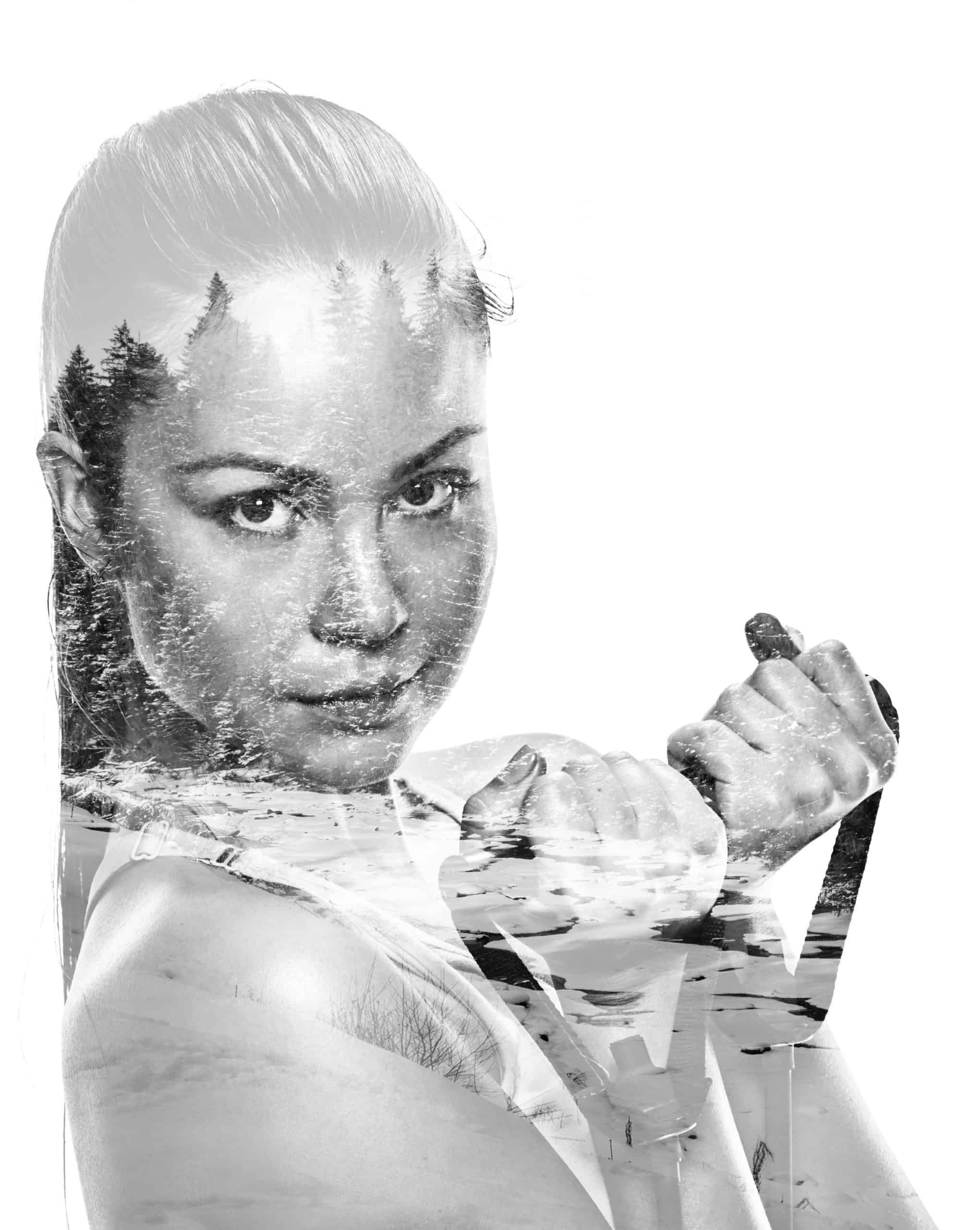 athletic woman with rubber tape on white background. studio portrait, double multiple exposure effect,combined images